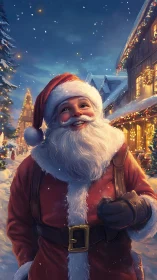 Smiling Santa Claus on snowy village street at night.