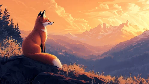 Sunlit fox observes layered alpine valley under radiant sky