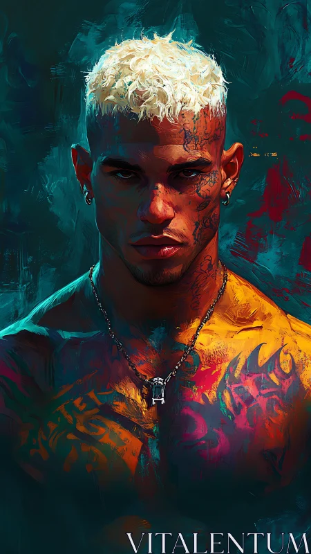 Chromatic portrait of tattooed man in saturated brushwork focus.