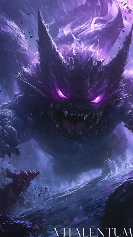 Nightmare shadow beast surges through stormlit violet void.