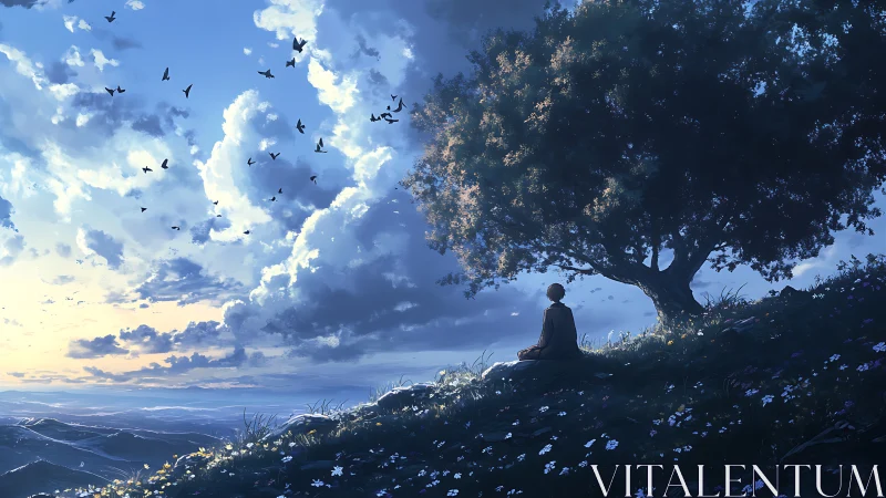 Quiet hillside meditation beneath a glowing evening sky.