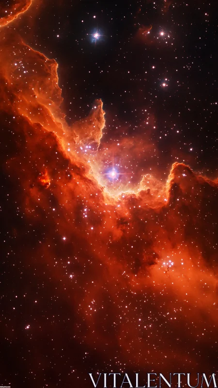 Crimson nebula glows around bright newborn stars in space