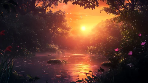 Sunset light reflects across dense jungle river surface