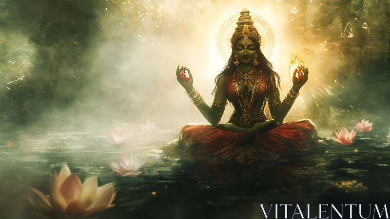 Divine goddess meditates on lotus pond amid radiant light