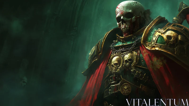 Grim skull knight stands tall in ornate bloodstained armor