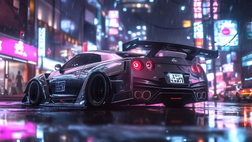 Modified Nissan GT-R idles under neon lights on wet city street