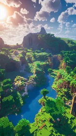 Voxel river valley unfolds under warm, cinematic sunlight.