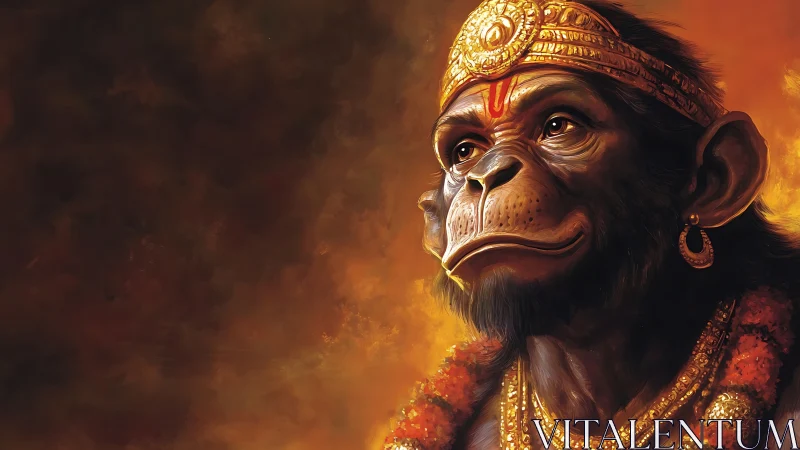 Mythic simian deity portrait in glowing orange aureate haze
