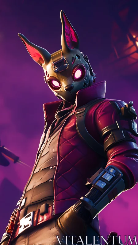 Cybernetic fox warrior stands in neon violet glow.