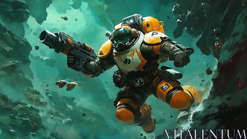 Armored space soldier advancing through asteroid field.