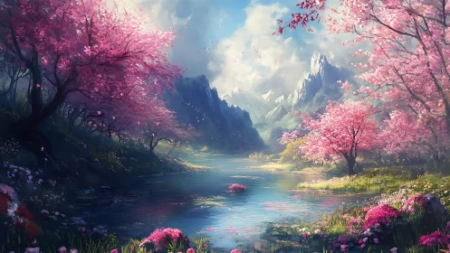 Blossoming valley river reflects pastel mountains in springtime.