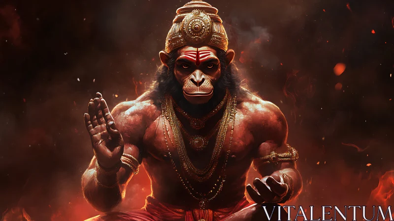 Flame crowned monkey warrior meditates in molten dusk glow.