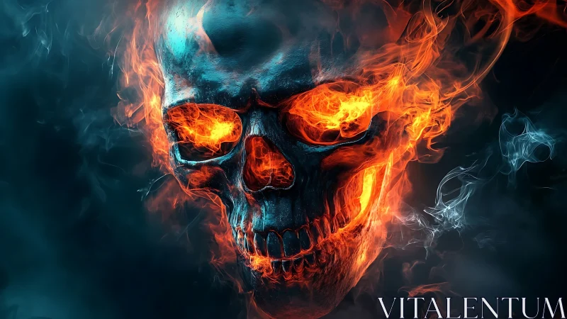 Incandescent flaming skull with blue smoke plumes on black void