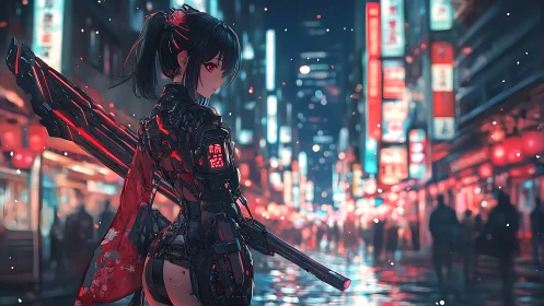 Neon alley sentinel: cyber samurai girl in rainlit city.