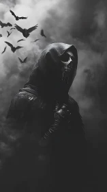 Veiled reaper rises in stormlit fog with a crown of crows.