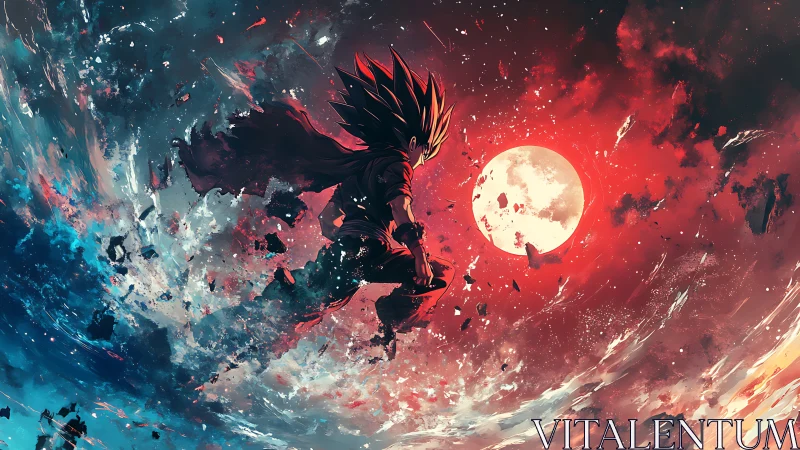 Celestial warrior leaping between shattered moon and storm.