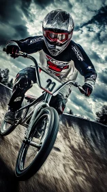 High-speed BMX rider carving the track under stormy skies.