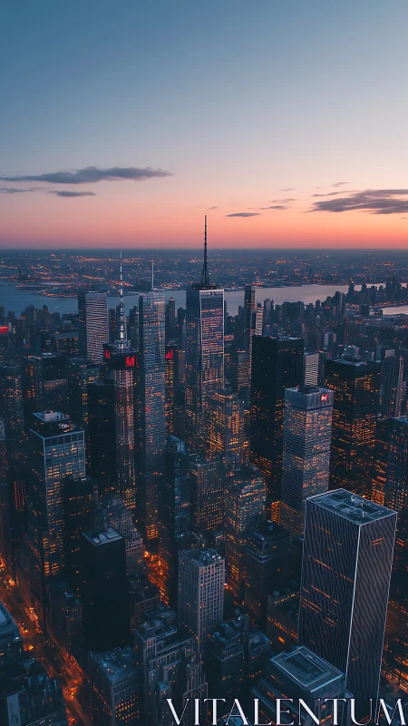 Twilight city skyline glows as office towers meet sunset.