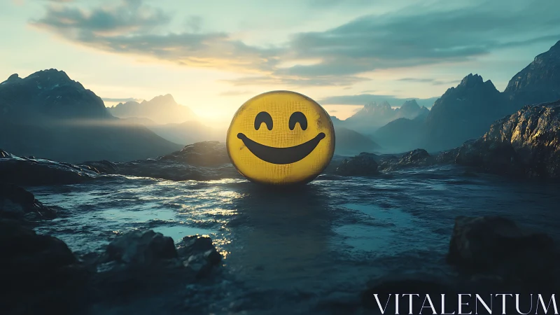 Smiling sphere glows over misty mountains at sunrise.