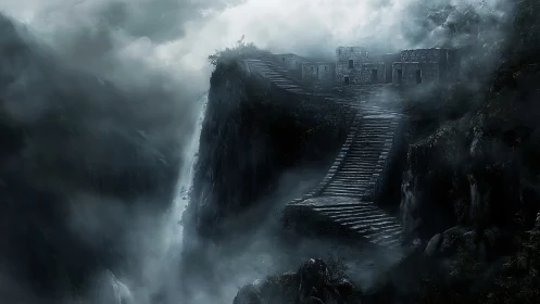 Misty mountain stairway leading toward forgotten stone ruins.