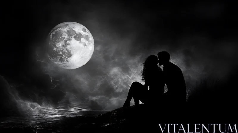 Two figures in silhouette observe luminous moon above water.