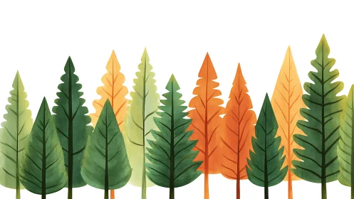 Stylized autumn conifer grove uses flat color and repetition