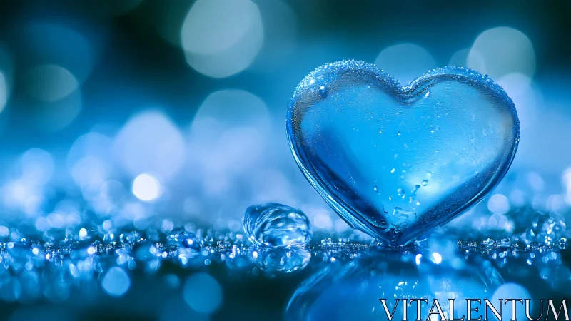 Glass heart shaped object in blue macro water scene.