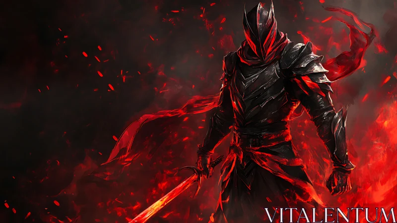 Bladed ember warlord rising from a storm of crimson fire.