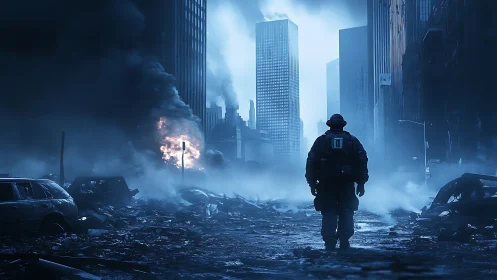 Solitary figure in ruined city street with smoke and fire.