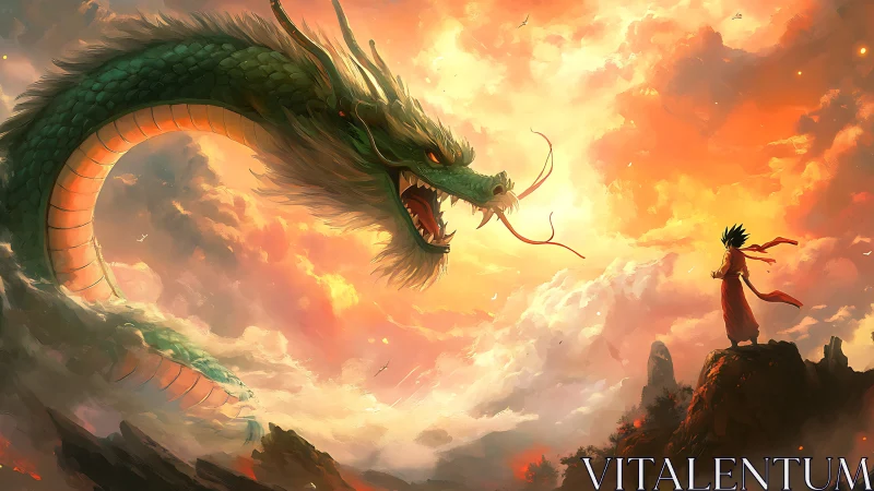 Green dragon confronts lone warrior against vivid sunset sky