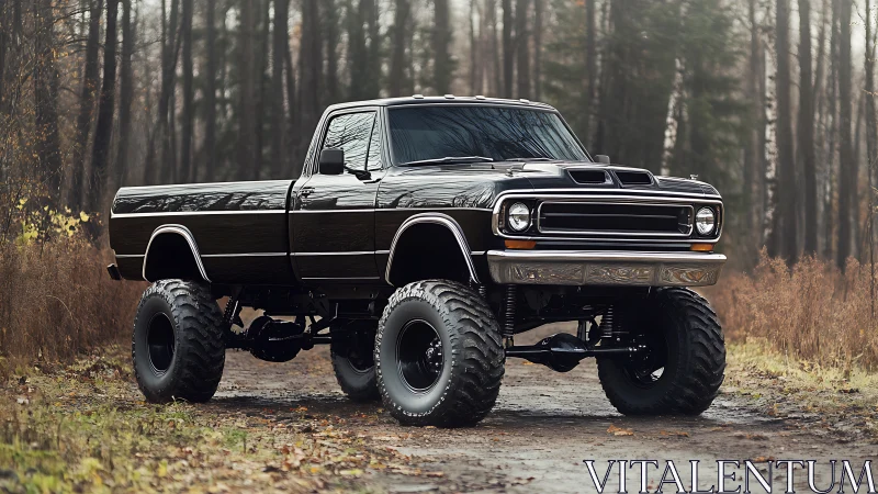 Lifted black pickup truck stands on forest dirt track