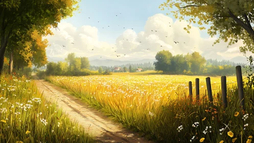 Sunlit country lane wandering through wildflower-gold fields.