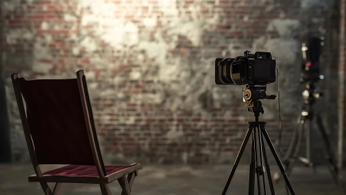 Studio tripod camera faces empty director’s chair in brick loft