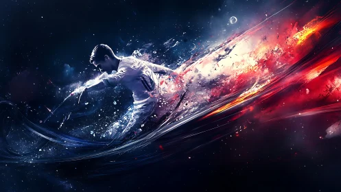 Dynamic soccer player bursts through cosmic light trail