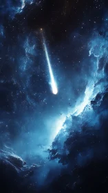 Meteor object traverses dense blue nebular starfield