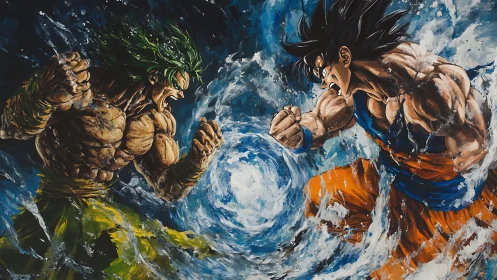 Raging anime warriors clash around swirling energy vortex.