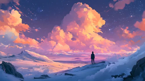 Dreamer on a snowlit ridge beneath glowing cosmic clouds.