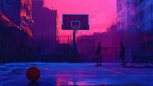 Twilight pickup game on a neon-soaked city basketball court.