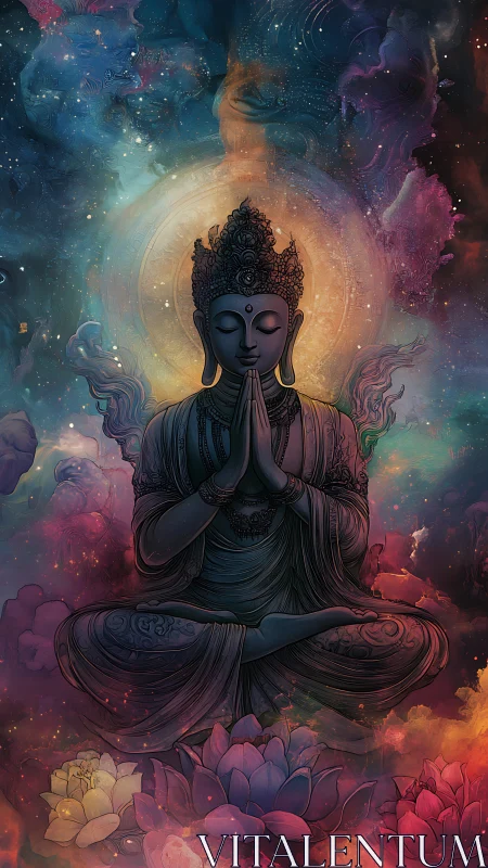 Meditative deity floating in cosmic lotus nebula glow.