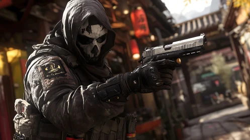 Tactical masked soldier aiming handgun in urban alleyway scene.