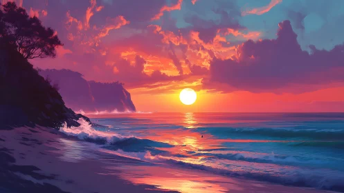 Radiant coastal sunset with saturated chromatic ocean reflections