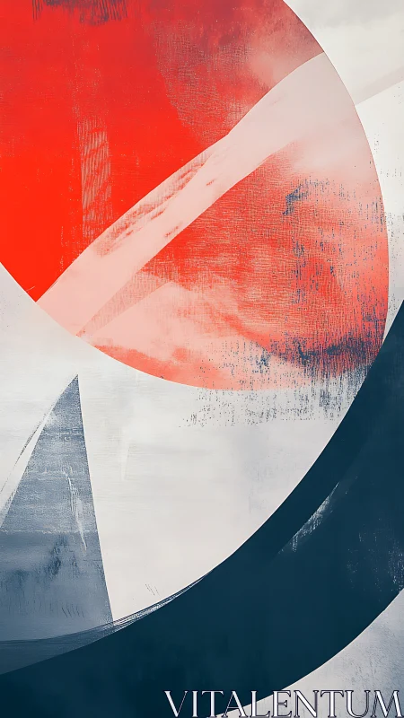 Geometric abstract composition shows red circle and dark arc