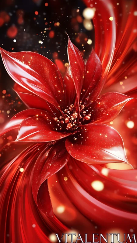 Radiant crimson digital bloom spirals through luminous bokeh field