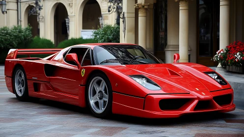 Red mid‑engine sports car parked in front of classic arches