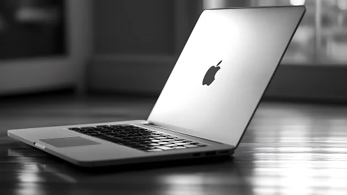 Silver laptop daydreaming in soft grayscale studio hush.