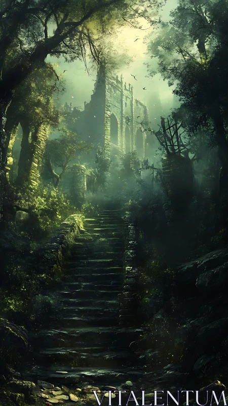 Ancient forest stairway ascends toward ruined citadel gate