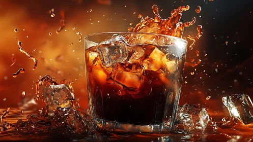 Dynamic Cola Splash with Ice Cubes Against Ambient Orange Backdrop.