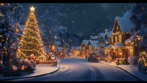 Snowy village street with illuminated Christmas lights.