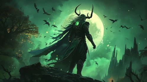 Horned sorcerer overlooking moonlit green fantasy realm.