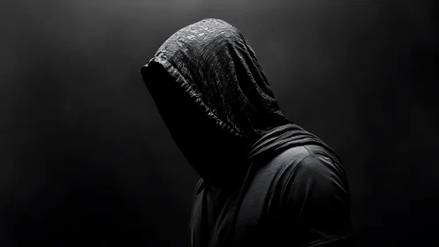 Shadowed hooded figure leans into darkness with quiet drama